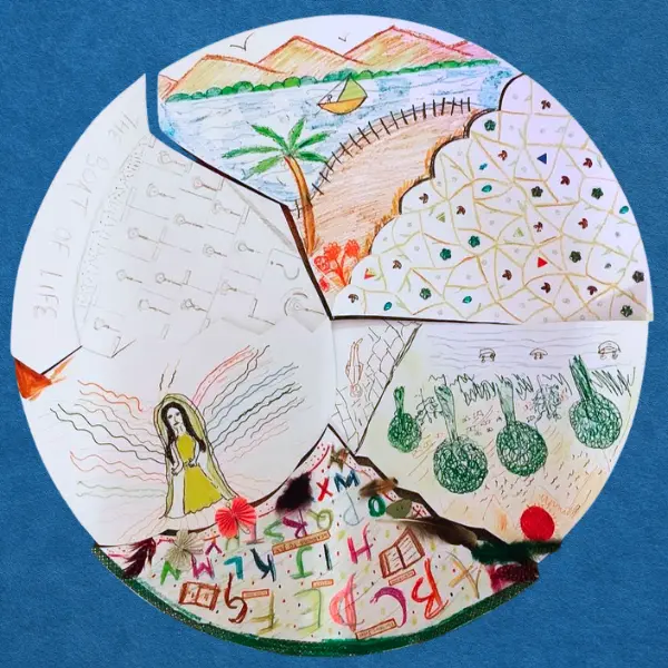 Circular collage of hand-drawn scenes including mountains, boat, patterns, girl, plants, and colorful letters.