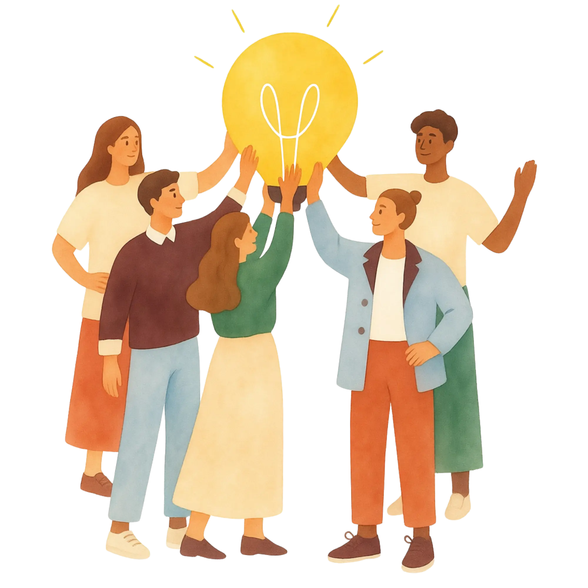Five people standing in a circle holding up a large glowing light bulb together.