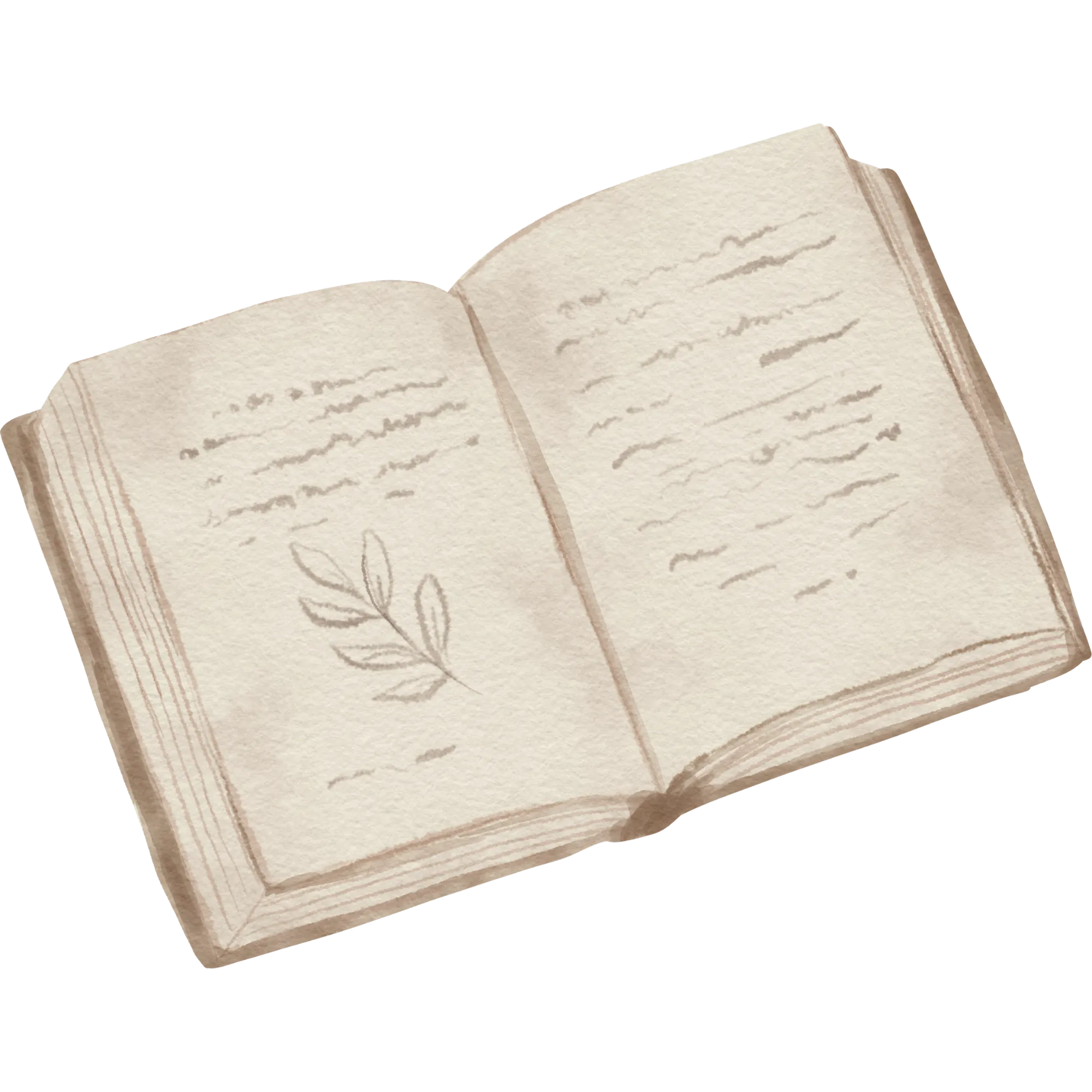 Watercolor-style illustration of an open book with handwritten text and a simple leaf sketch.