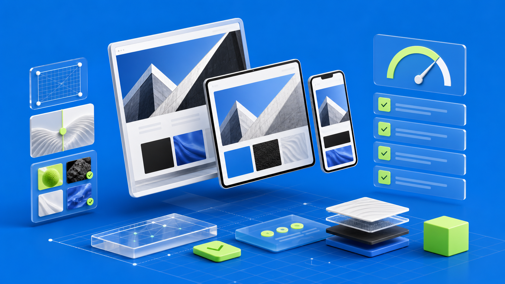 Responsive Webflow performance checklist with device previews, optimized assets, and launch quality indicators on a blue devthinX background.