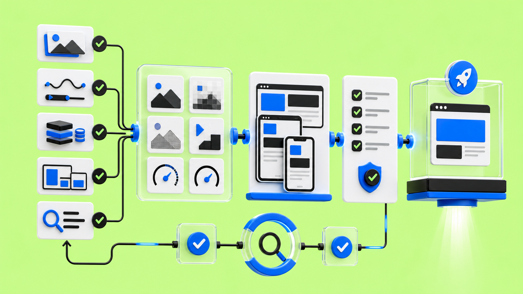 Webflow performance audit workflow showing assets, CMS pages, responsive breakpoints, and QA checks on a green devthinX background.