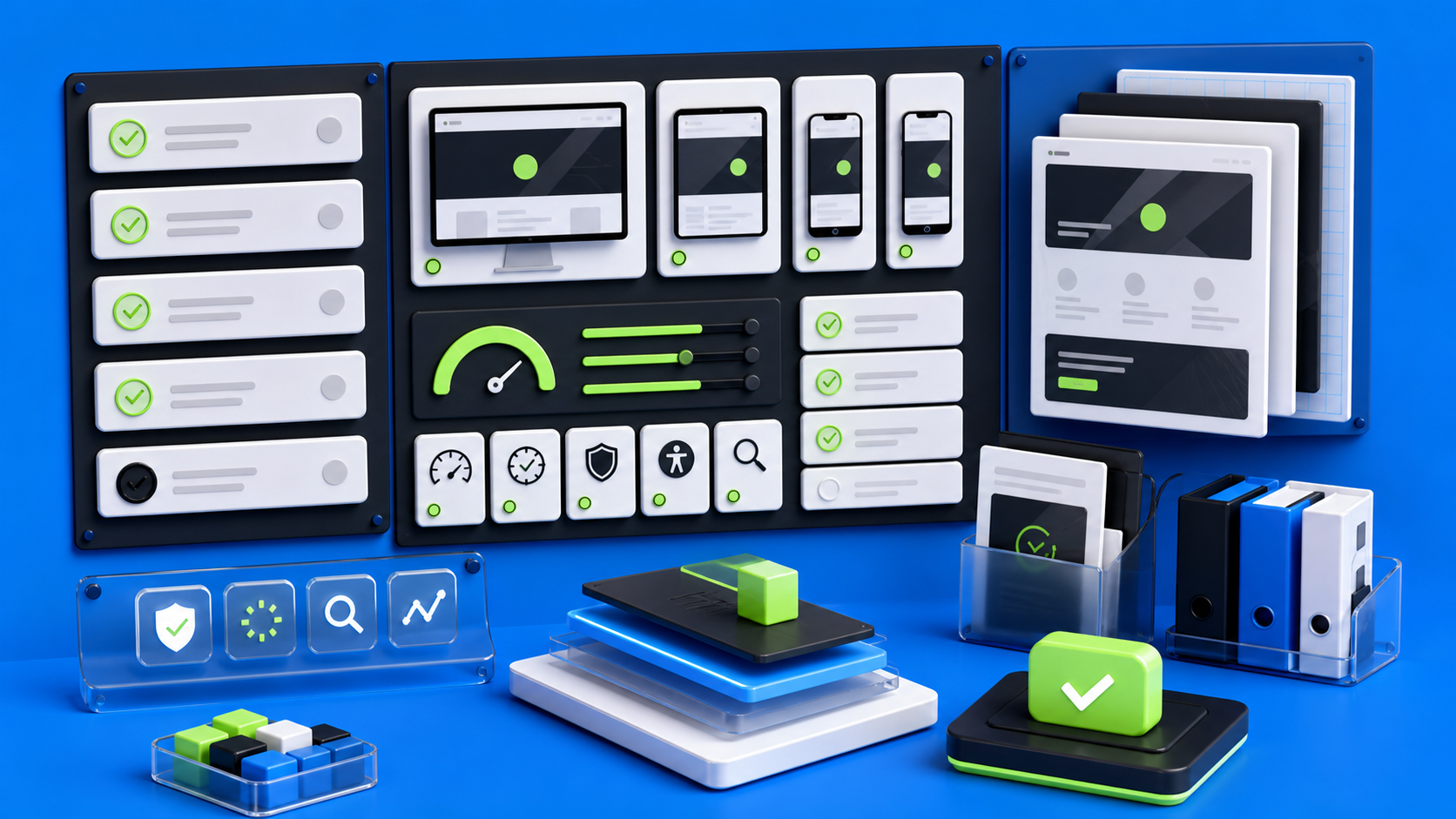 Webflow launch QA control board with responsive previews, performance checks, and handoff modules on a blue devthinX background.