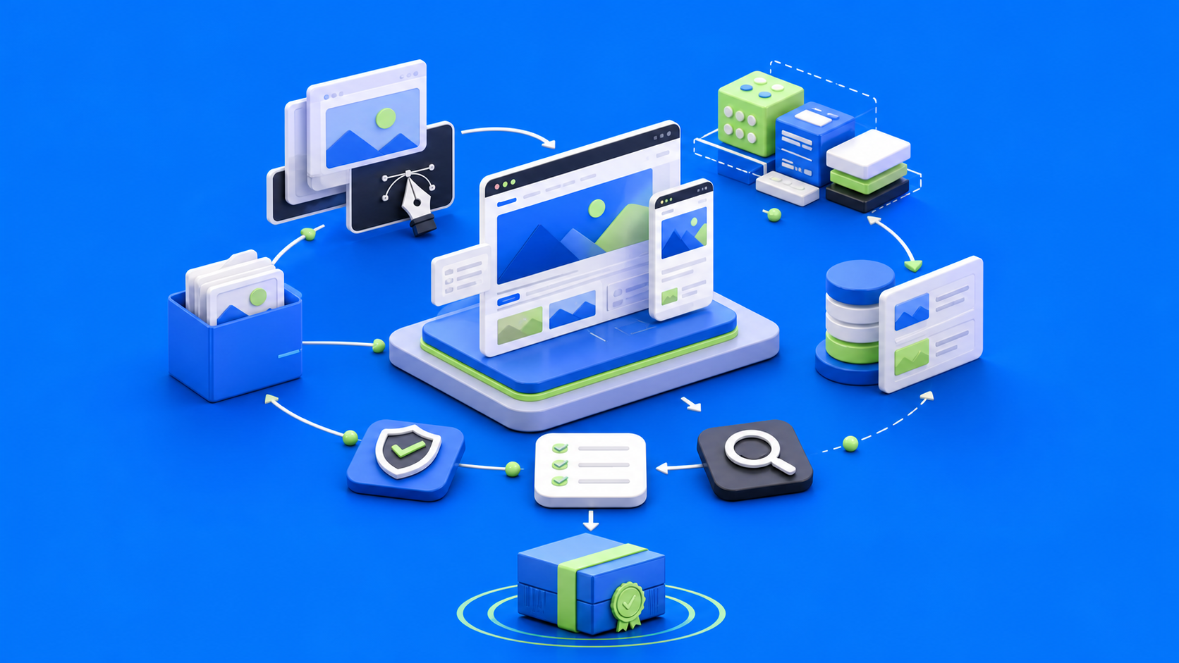 White-label Webflow development workflow for agencies with responsive website modules, CMS blocks, QA checkpoints, and a secure handoff package on a blue devthinX background.