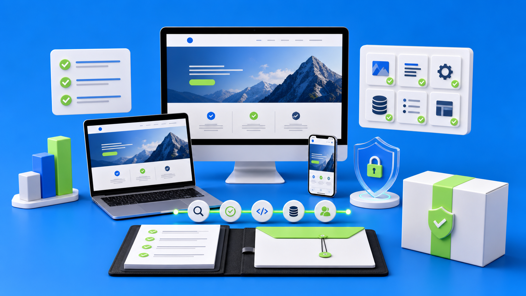 White-label Webflow QA and handoff scene with responsive previews, CMS checks, confidential delivery package, and launch readiness indicators on a blue devthinX background.