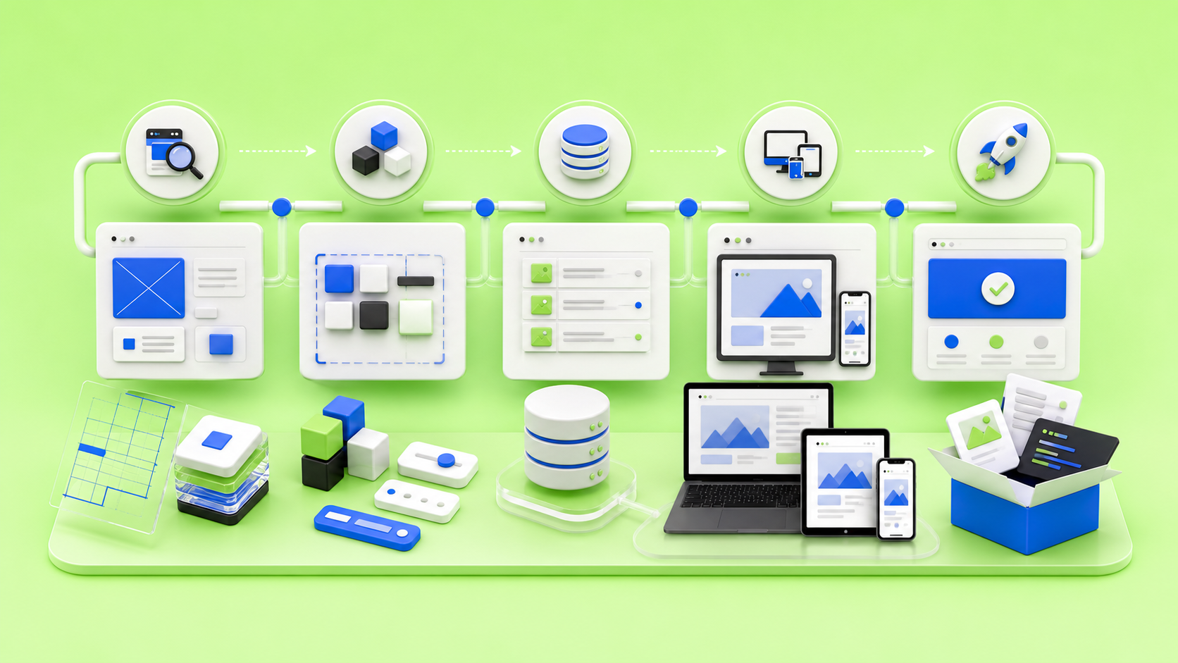 White-label Webflow production workflow showing design audit, component build, CMS architecture, responsive QA, and launch handoff on a green devthinX background.