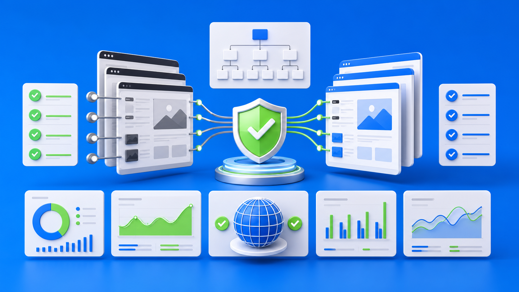 Website migration to Webflow with old pages mapped to new pages, redirect paths, sitemap structure, analytics cards, and SEO protection indicators on a blue devthinX background.