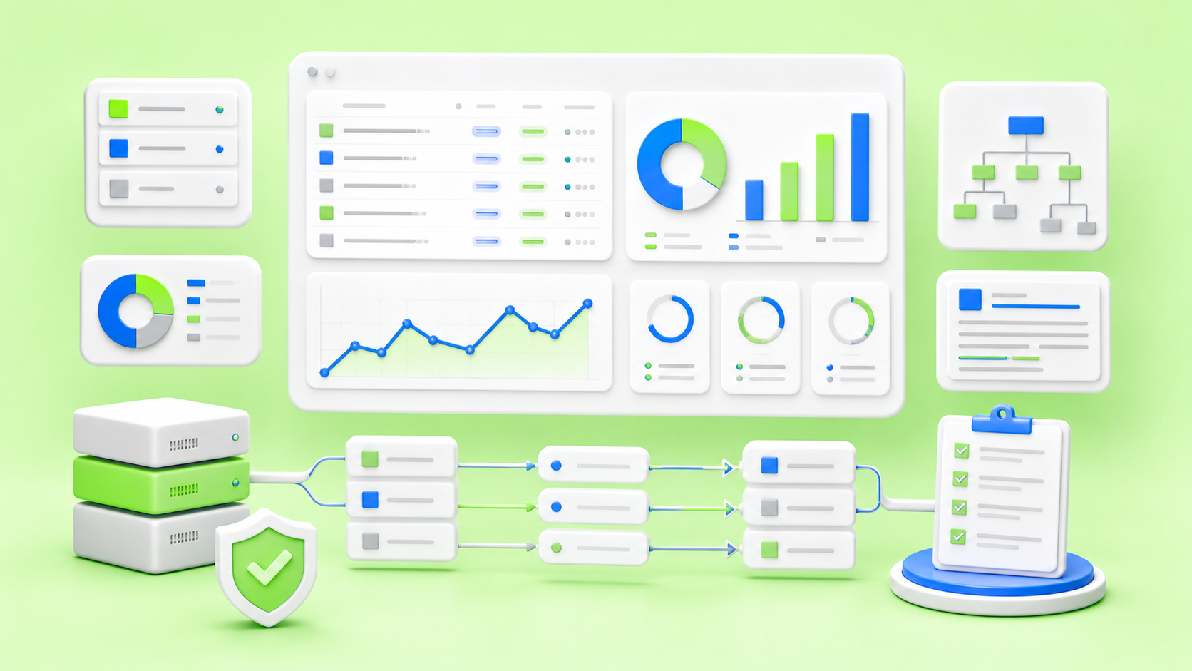 Pre-migration SEO audit dashboard with URL inventory, traffic charts, metadata panels, sitemap structure, and redirect mapping lanes on a green devthinX background.