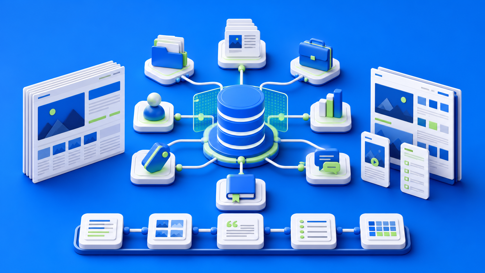 Webflow CMS architecture system for agency websites with connected collections, dynamic templates, editor fields, SEO content modules, and scalable content relationships on a blue devthinX background.