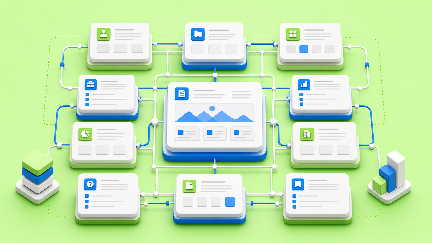 Webflow CMS content model blueprint for agency websites showing connected content types, field groups, reference relationships, and template planning on a green devthinX background.