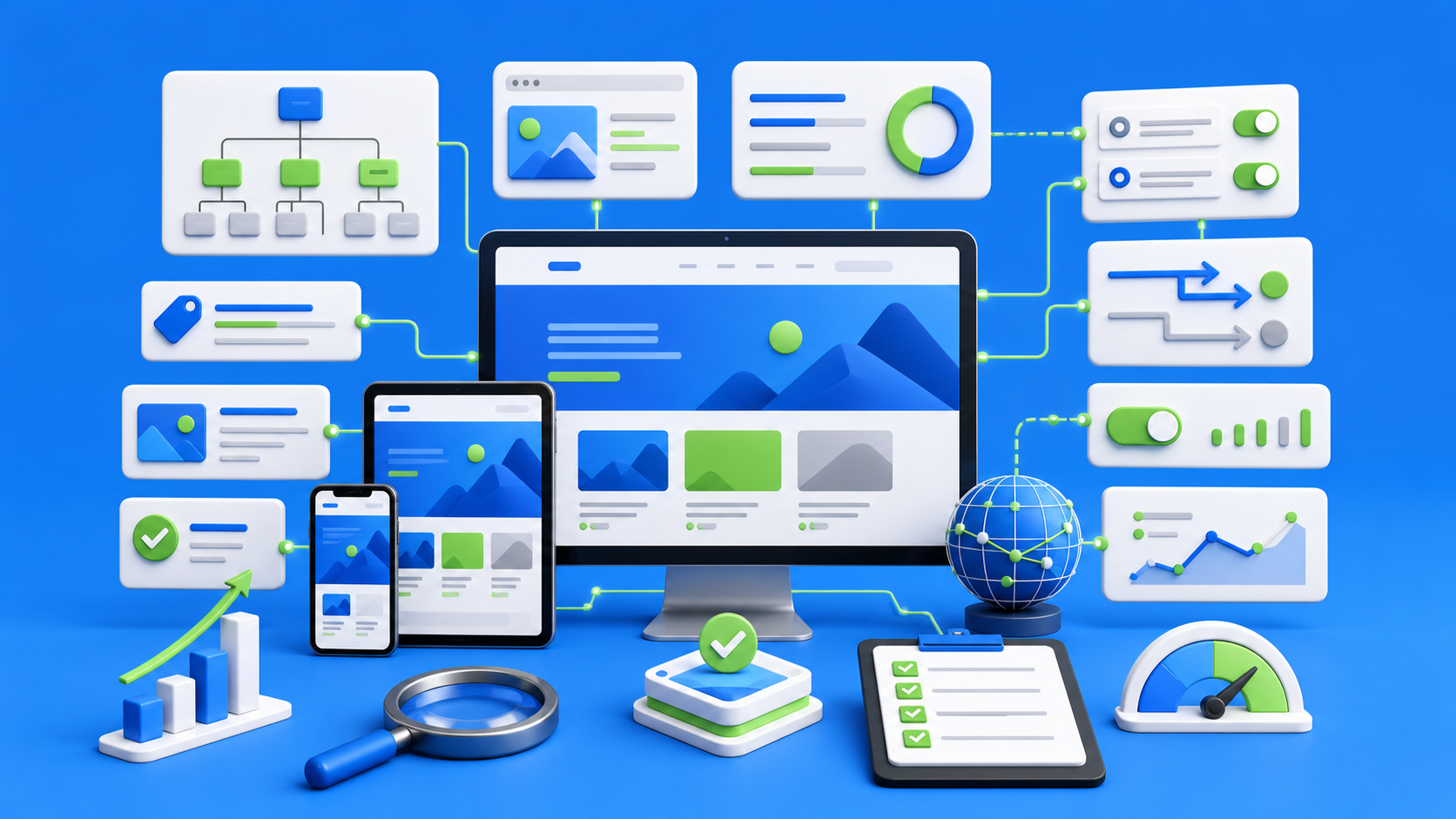 Webflow SEO pre-launch checklist dashboard with responsive page previews, sitemap nodes, metadata checks, redirect lanes, indexing controls, and performance signals on a blue devthinX background.