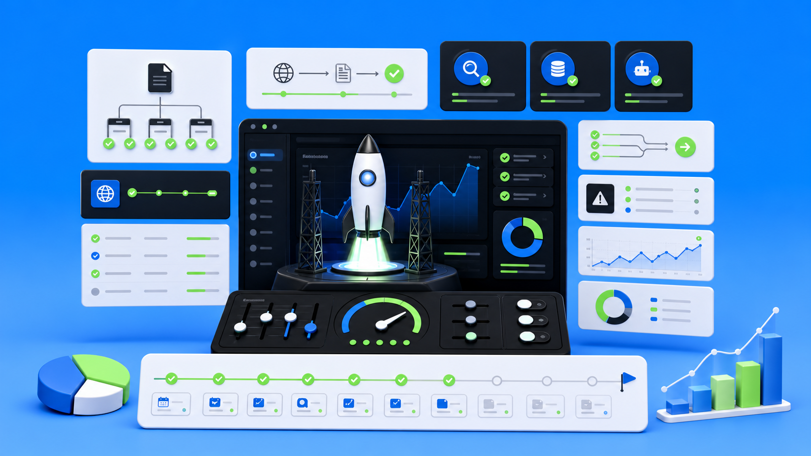 Post-launch Webflow SEO verification dashboard with sitemap submission, indexing status, redirect validation, analytics trends, performance checks, and launch monitoring timeline on a blue devthinX background.