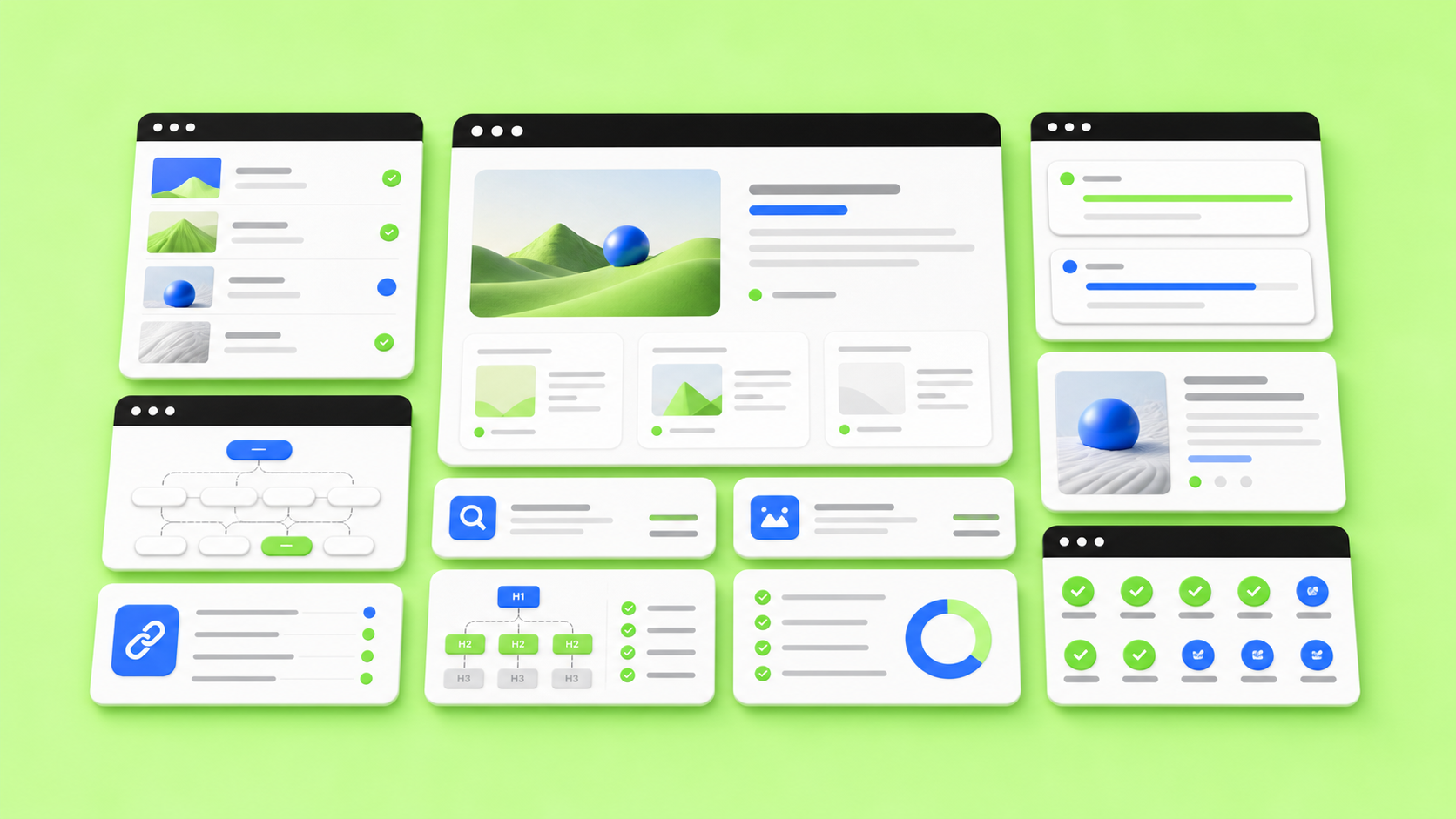 Webflow on-page SEO and CMS SEO audit dashboard with page cards, metadata panels, heading hierarchy, image alt text checks, internal links, and Open Graph preview modules on a green devthinX background.