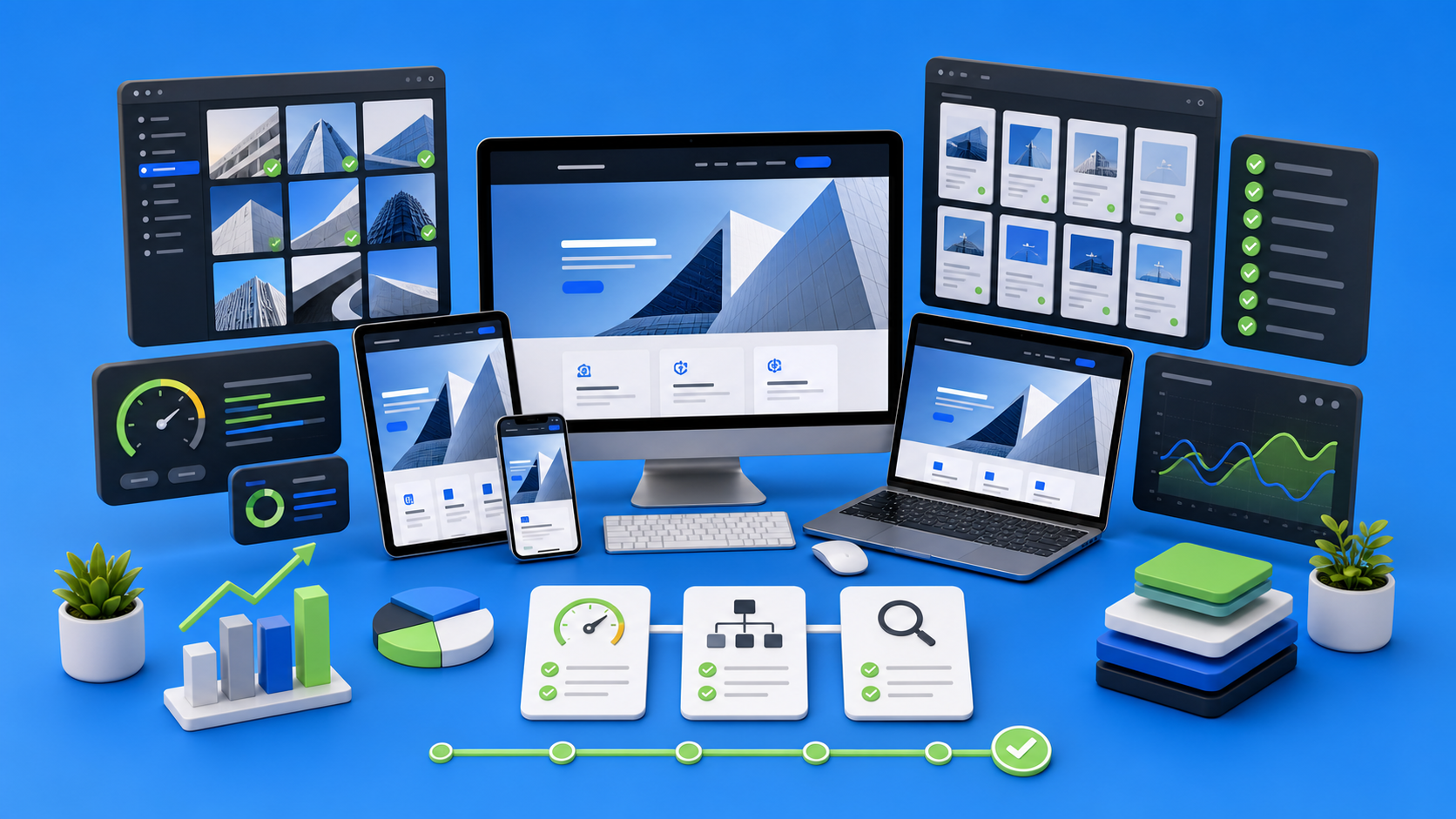 Safe-padded Webflow performance checklist workspace with responsive previews, optimized assets, performance gauges, CMS checks, QA modules, analytics cards, and launch indicators on a blue devthinX background.