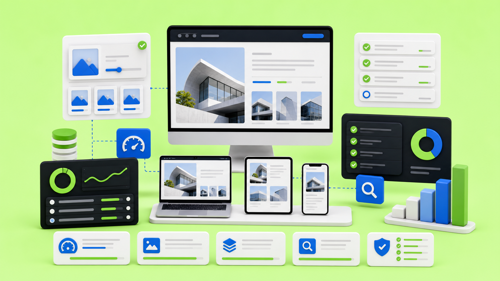 Safe-padded Webflow performance audit workflow with optimized assets, CMS page previews, responsive breakpoint checks, image compression modules, SEO metadata, QA panels, and performance indicators on a green devthinX background.