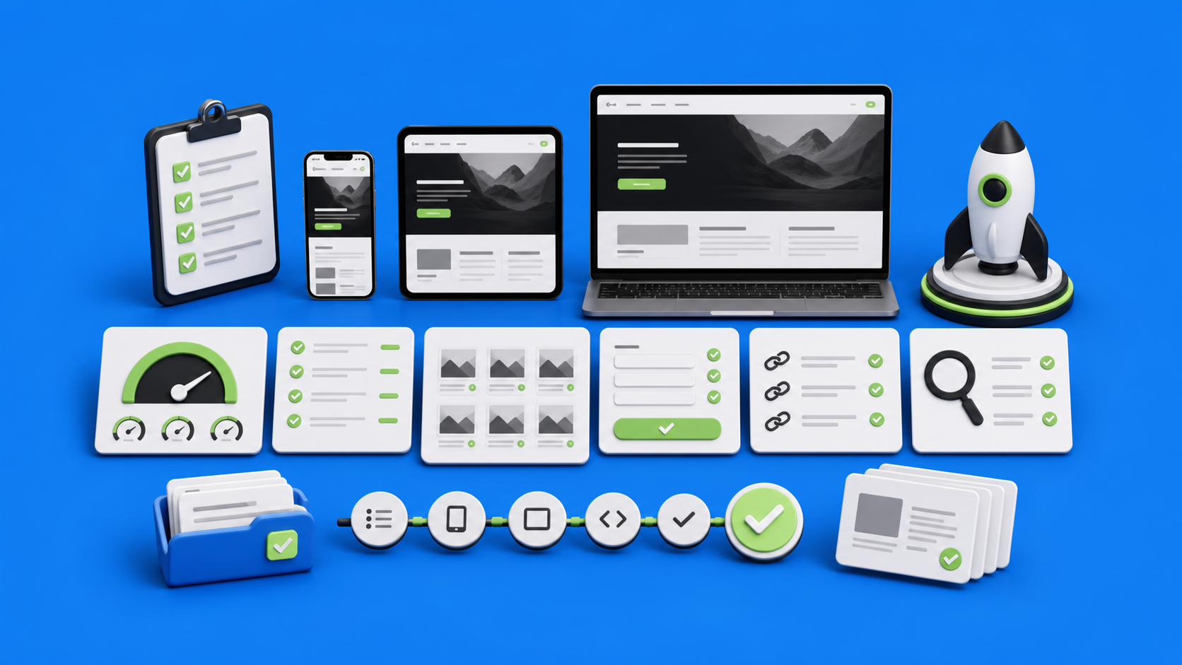 Safe-padded Webflow launch QA workflow with responsive previews, performance gauges, CMS validation, form and link checks, SEO checks, handoff cards, and final launch indicators on a blue devthinX background.