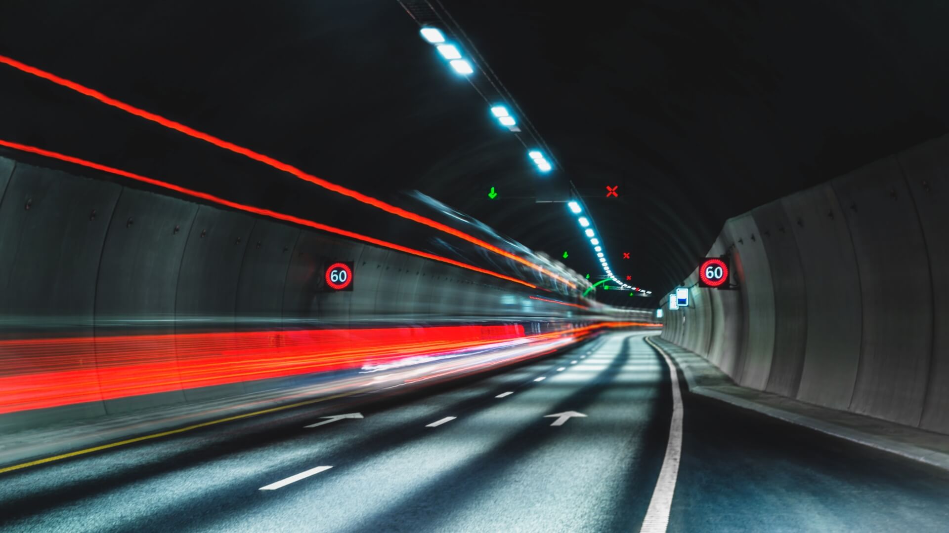 Traffic in a road tunnel monitored using distributed fiber optic sensing.