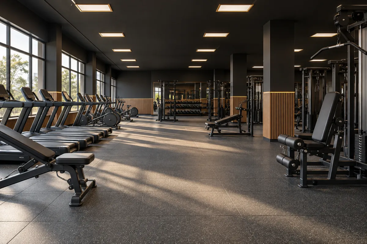 Prázdný prostor fitness s řadami strojů v ranním světle