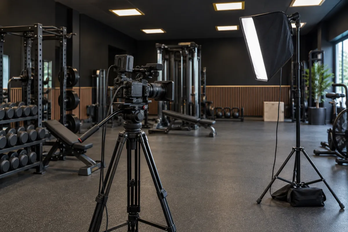Kamera a světlo připravené k natáčení ve fitness