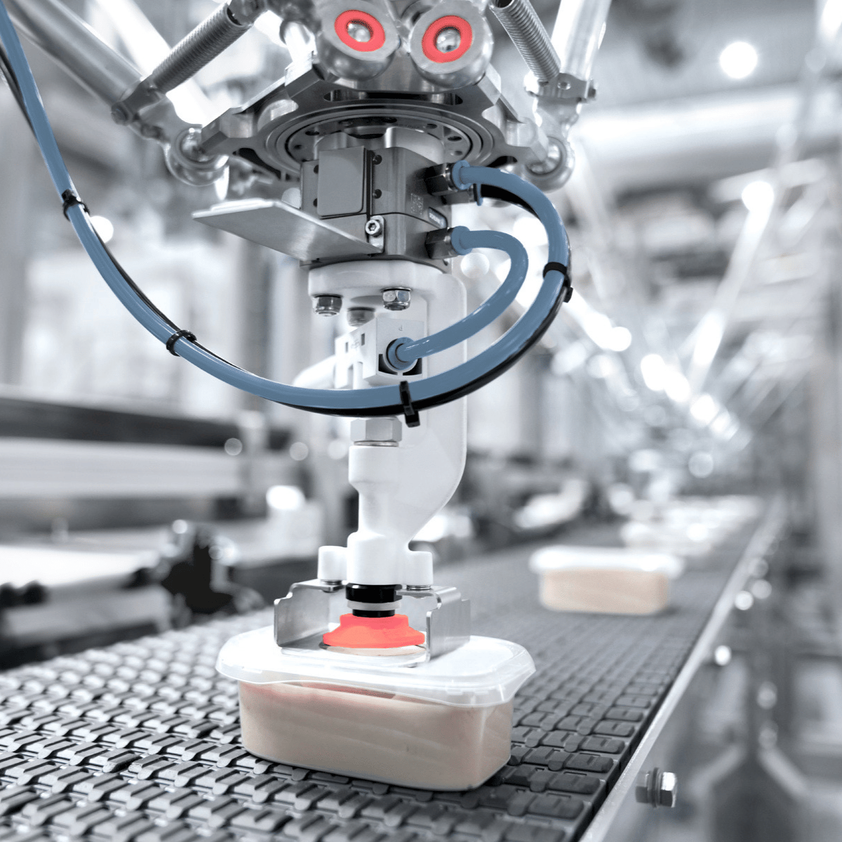 Robotic arm with blue tubes placing a plastic container on a conveyor belt in a factory.