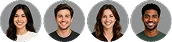 Four diverse smiling adults facing forward in circular frames on a gray background.