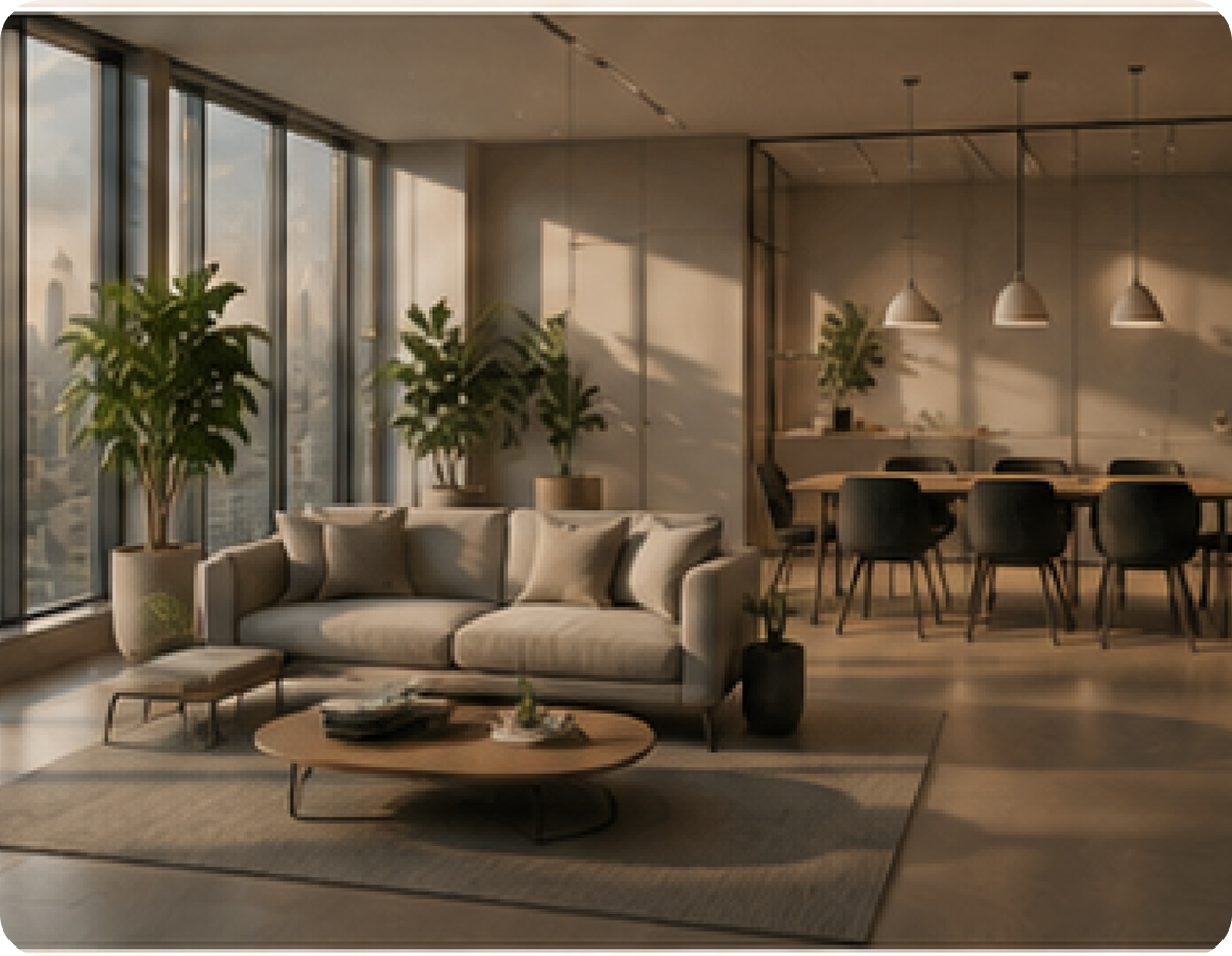 Modernes Wohnzimmer mit Sofa, Couchtisch, Pflanzen und großem Essbereich mit Beleuchtung.