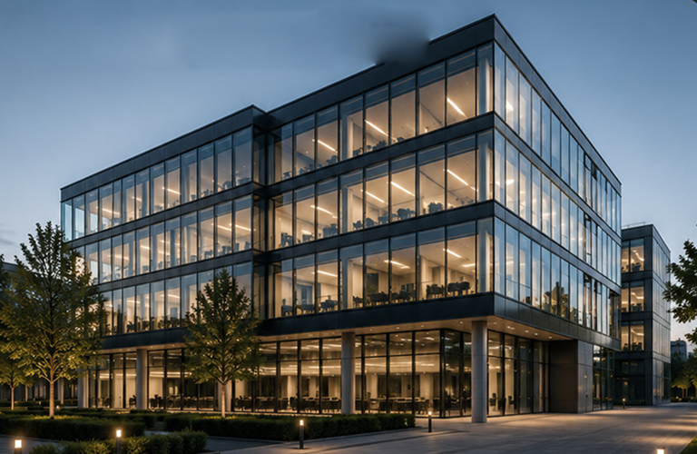 Modernes Bürogebäude mit Glasscheiben, beleuchteten Innenräumen und Bäumen im Vordergrund bei Dämmerung.