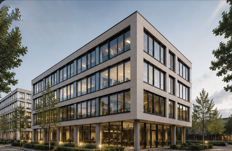Modernes Bürogebäude mit großen Fenstern, Bäumen und Abendbeleuchtung im Außenbereich.