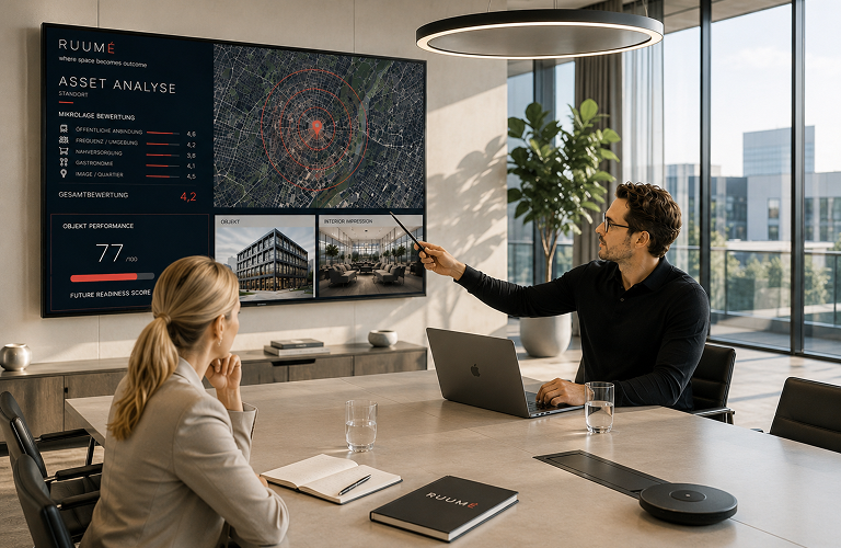 Mann präsentiert Asset-Analyse mit Standortkarte und Scores auf Bildschirm, Frau hört in Büro zu.