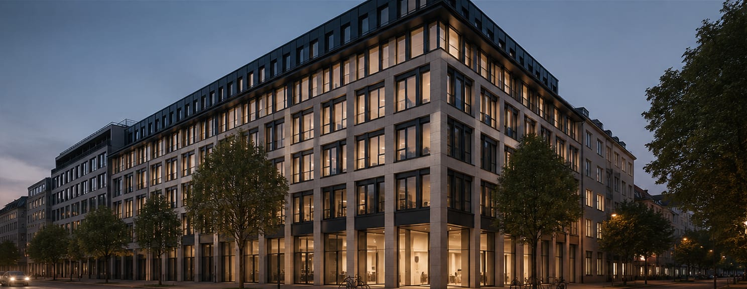 Modernes Bürogebäude mit vielen Fenstern und Innenbeleuchtung bei Dämmerung in der Stadt.