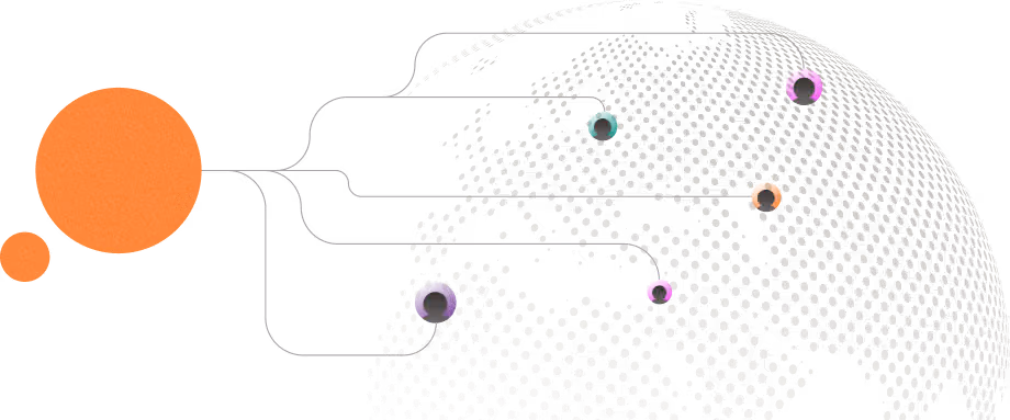 Abstract globe illustration with orange circles and connecting lines representing a global network
