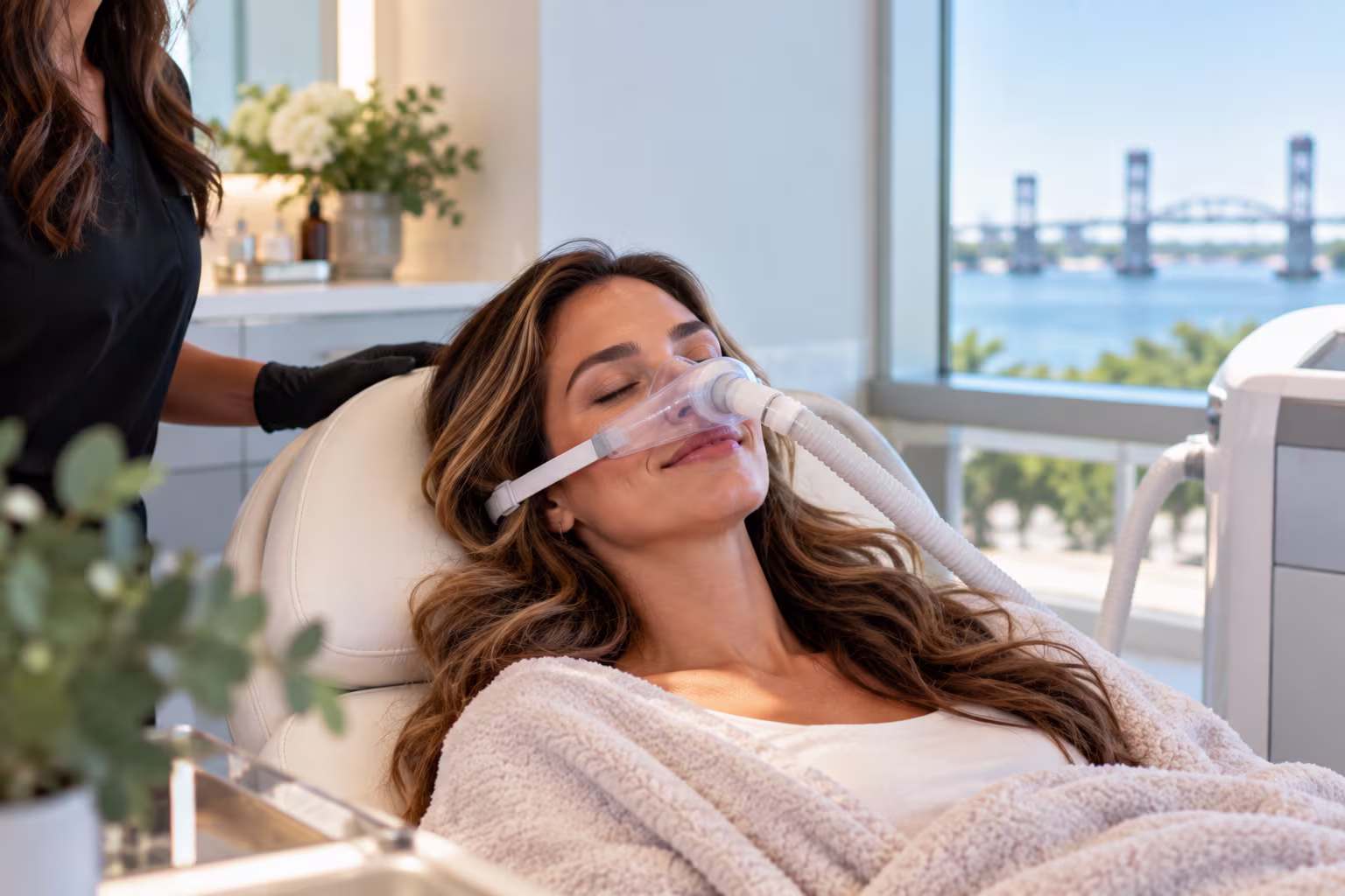 Patient using a self-administered Nitronox Plus comfort system during a treatment in Wilmington, North Carolina