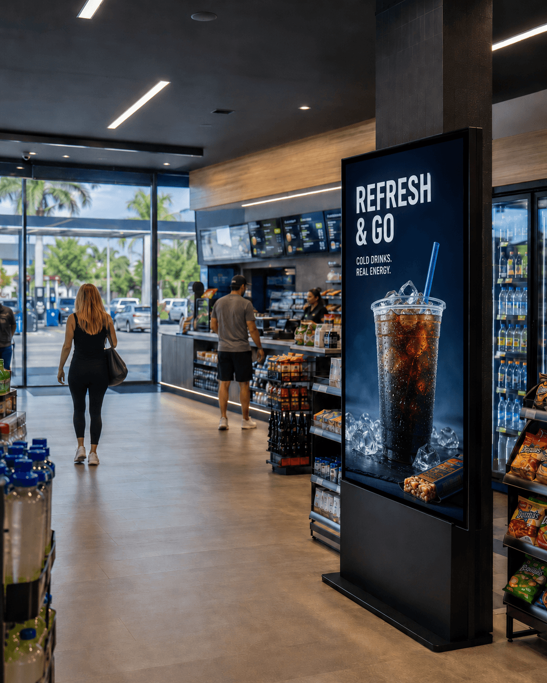 Digital advertising kiosk inside a modern Florida convenience store