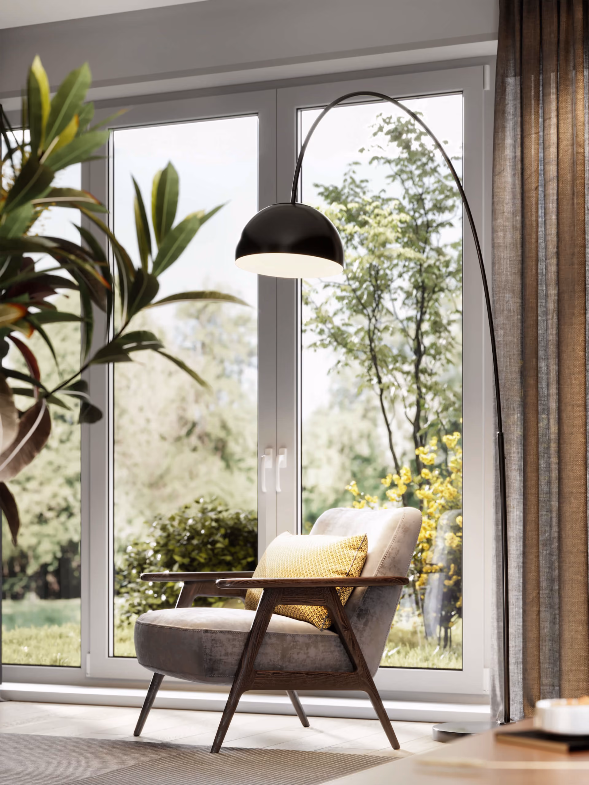 Modern armchair with yellow pillow near large windows and an arc floor lamp in a bright living room.