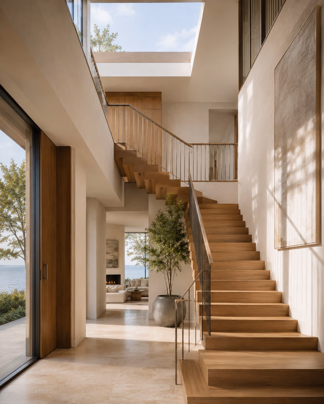Skylit staircase in a lakefront home interior