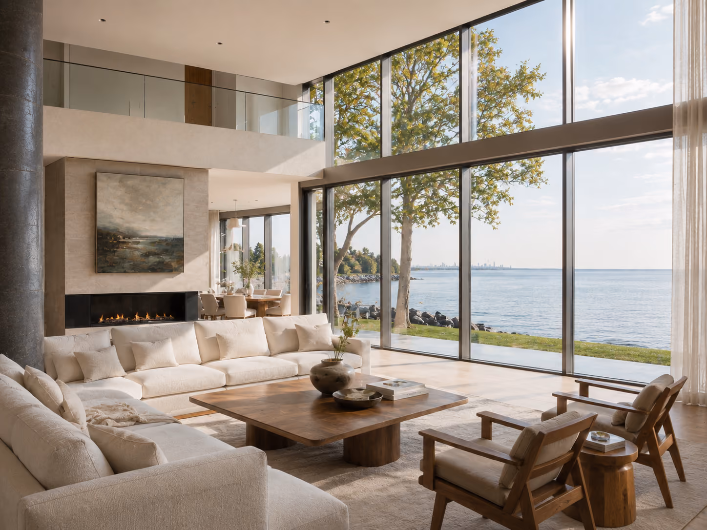 Lakefront great room with double-height windows