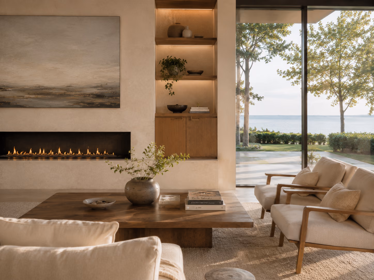 Lakefront living room with fireplace