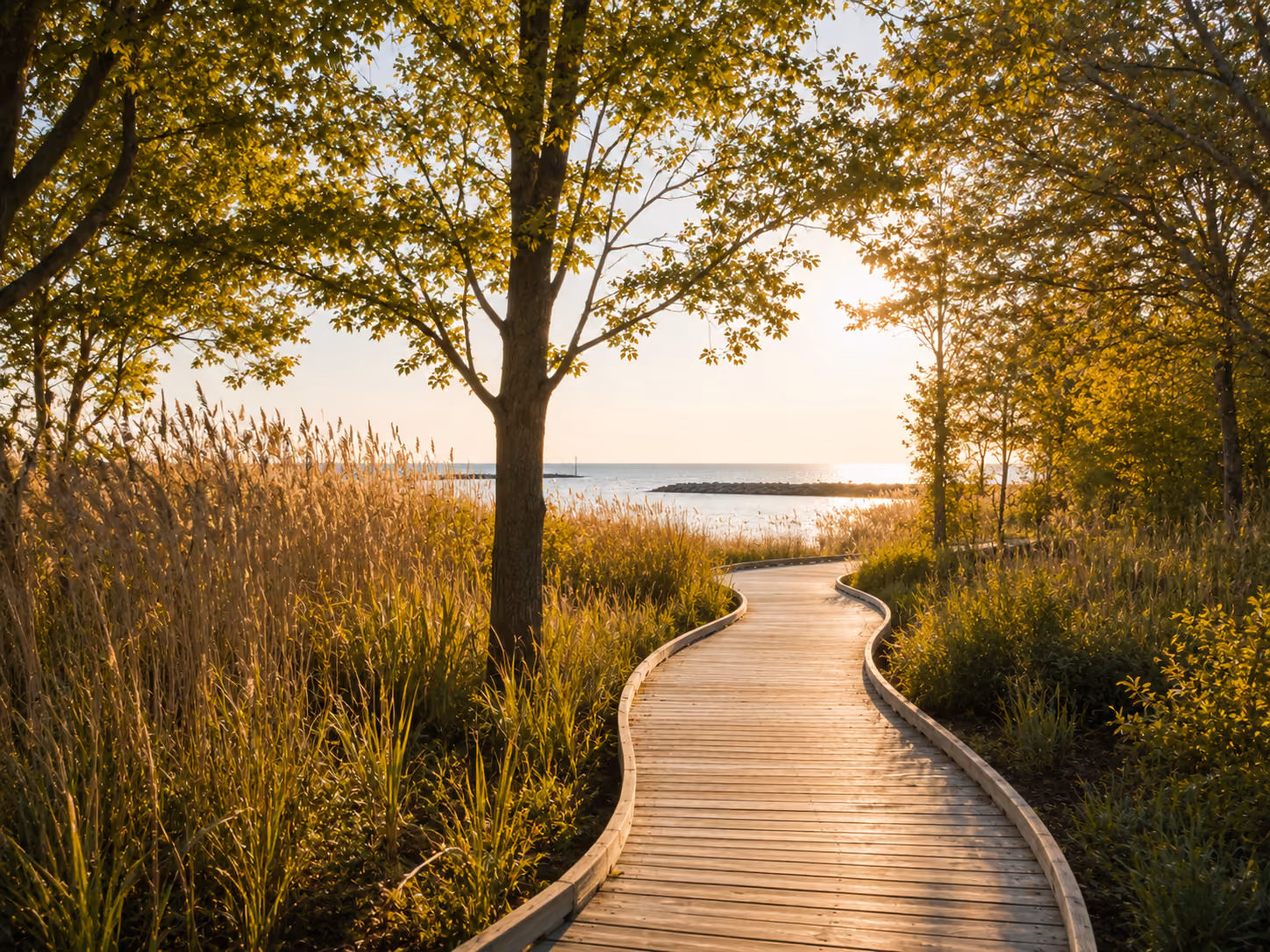 Waterfront boardwalk trail at sunset