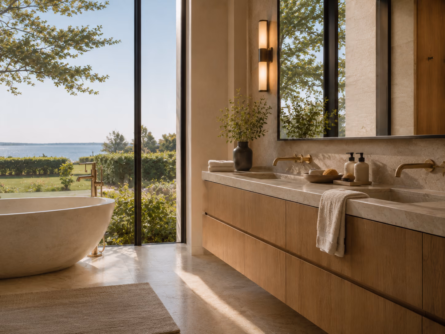 Lakefront ensuite bathroom with double vanity