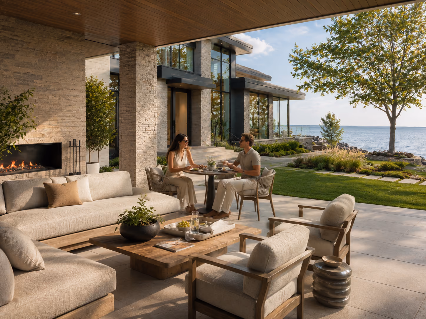 Couple dining outdoors on a lakefront patio