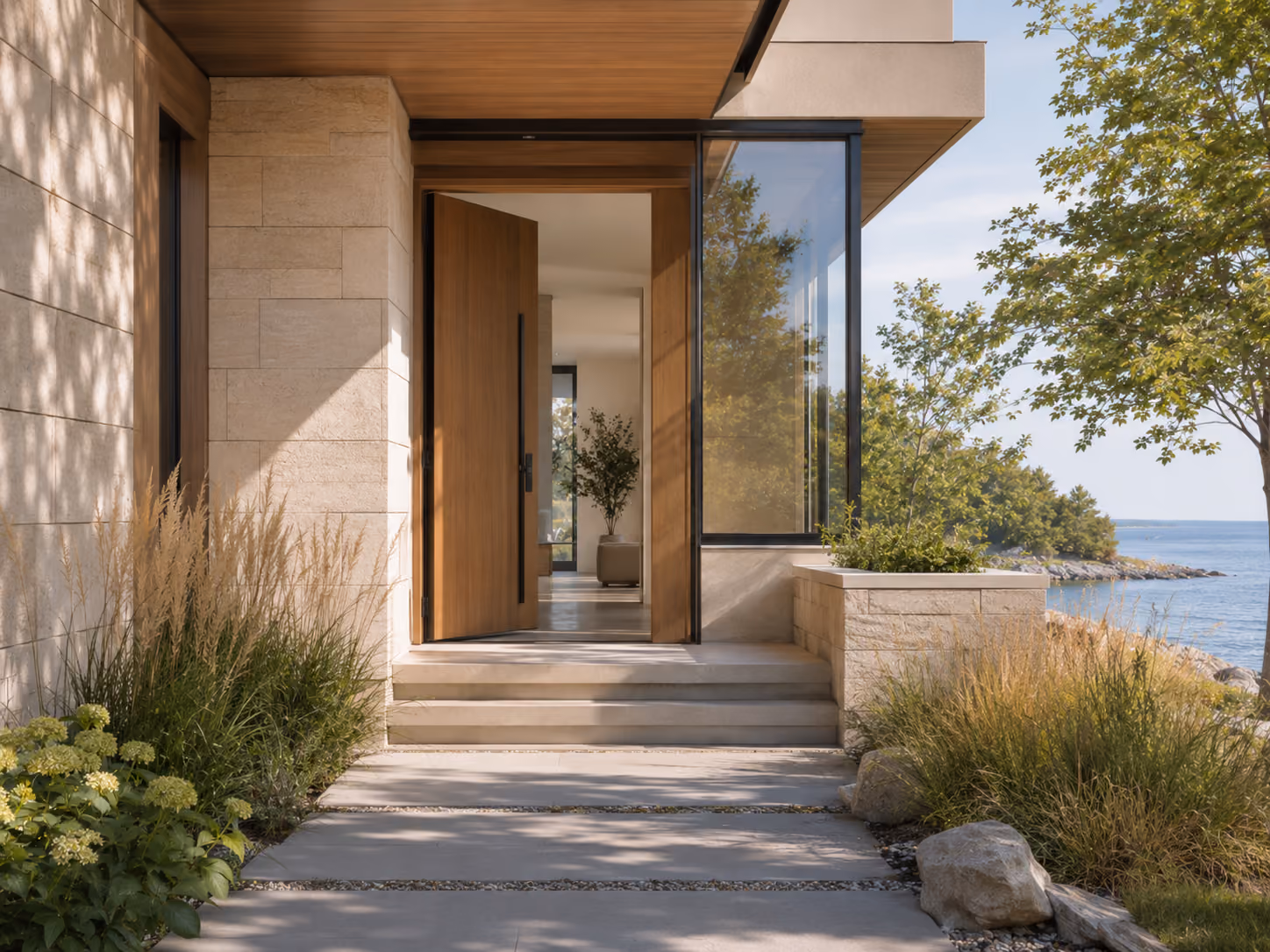 Lakefront home front entrance path
