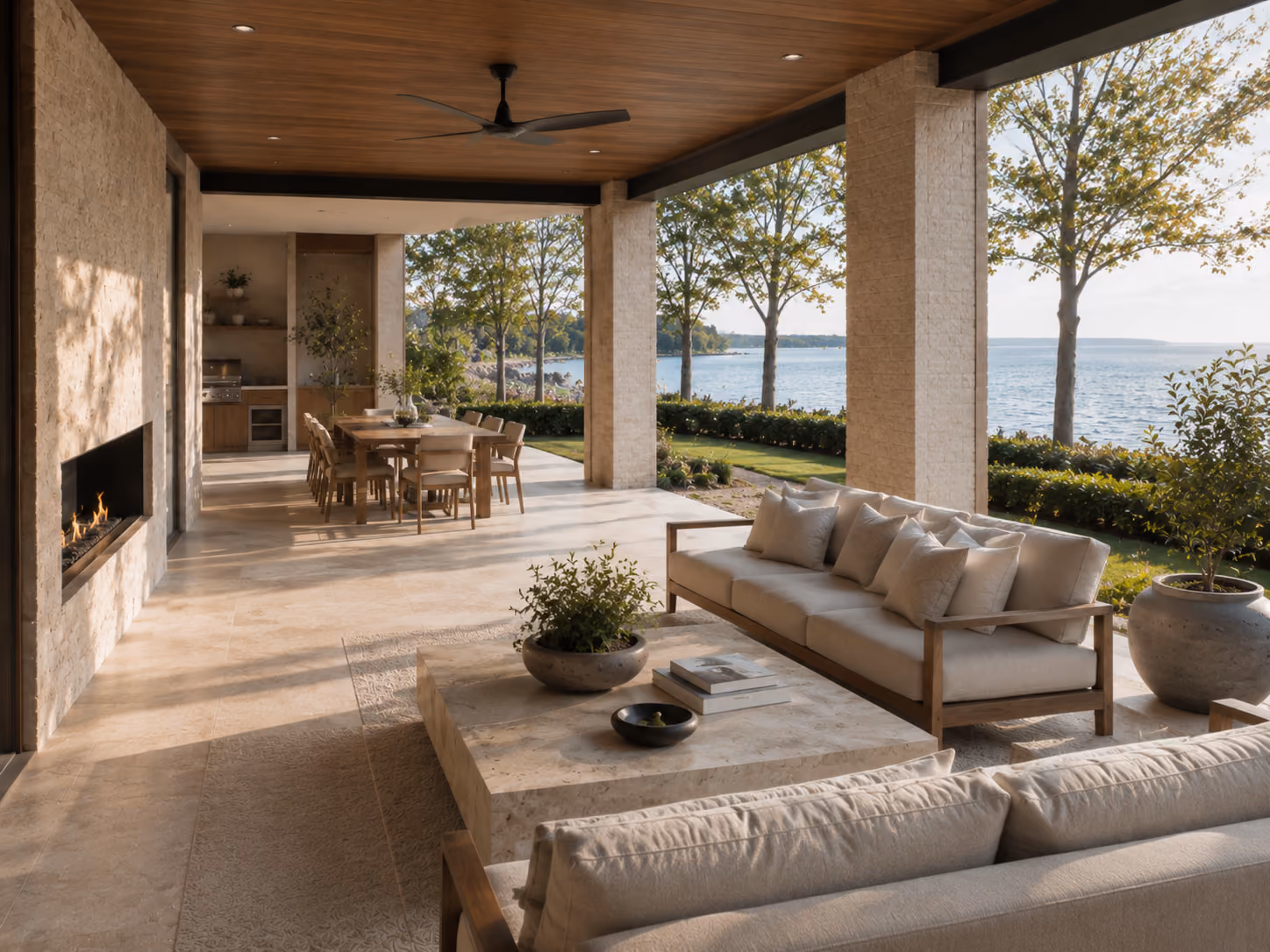 Lakefront covered outdoor living and dining area