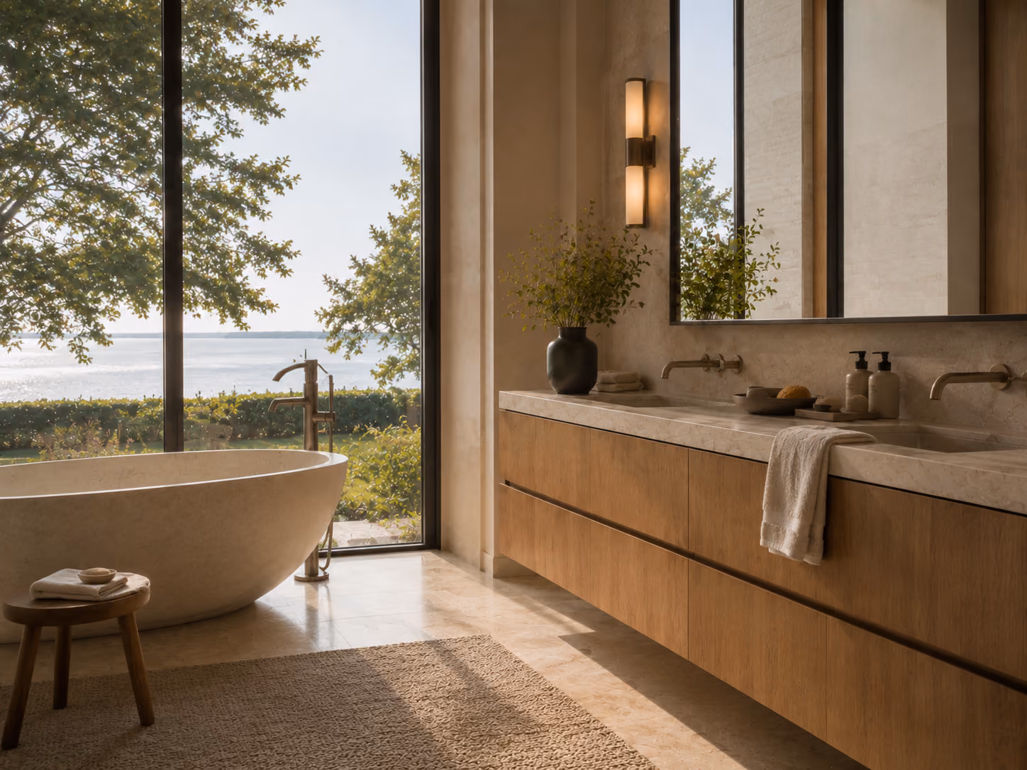 Lakefront bathroom with freestanding tub and view