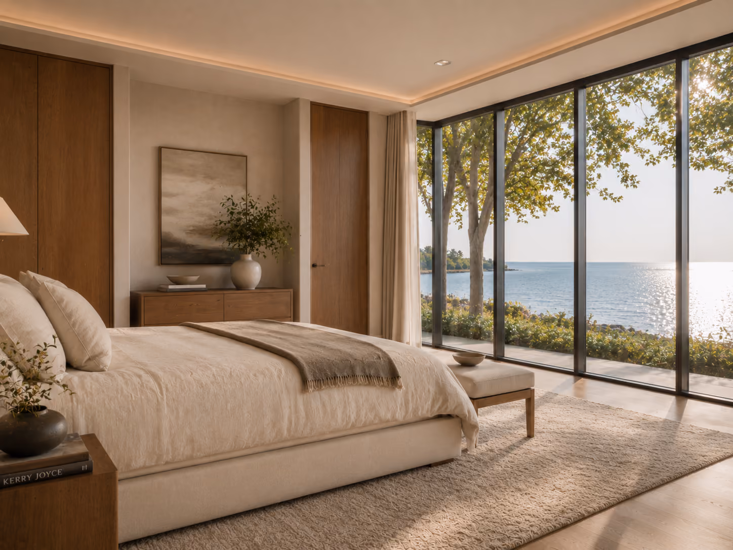 Lakefront primary bedroom with water view