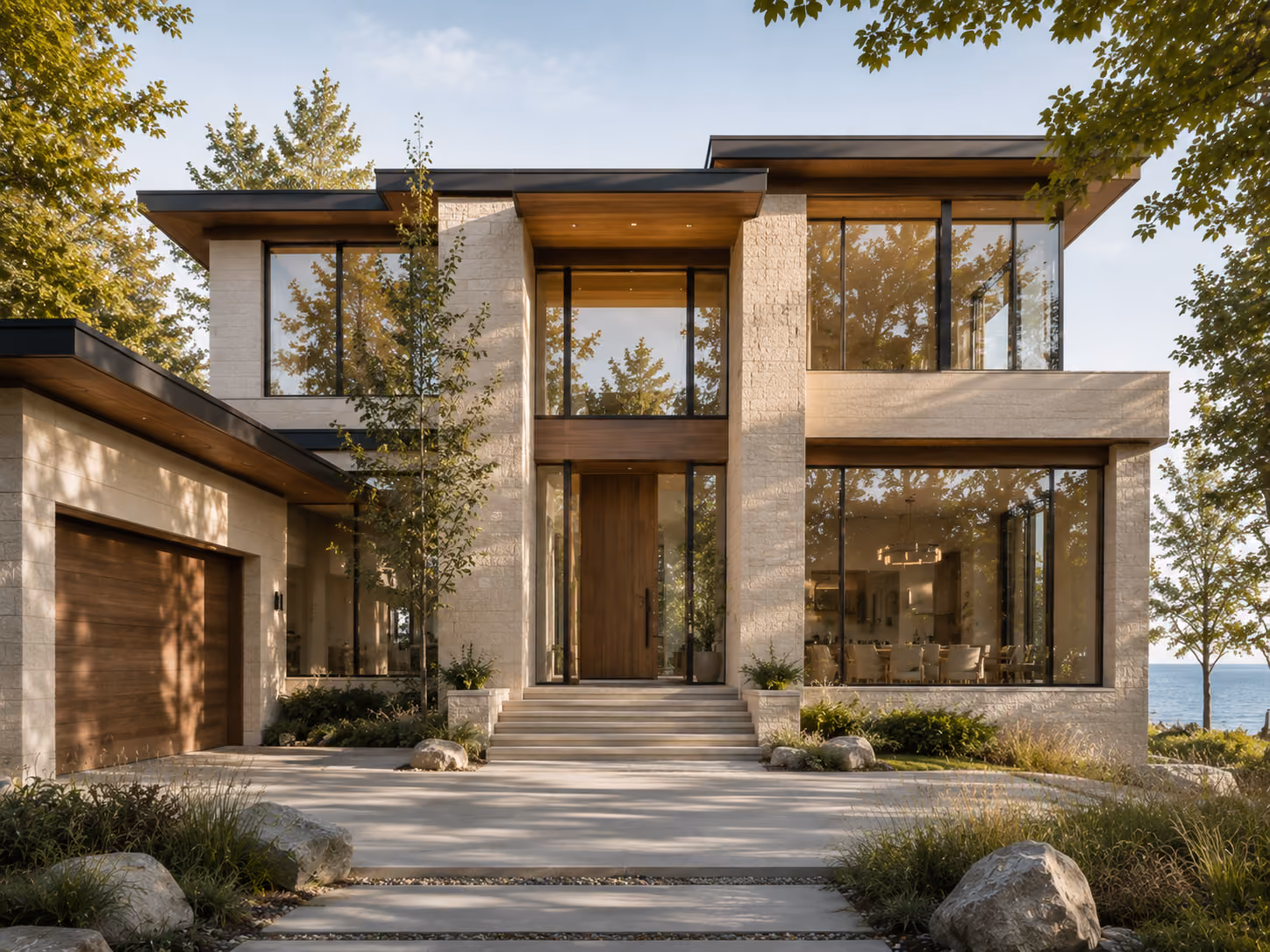Modern lakefront home front entrance
