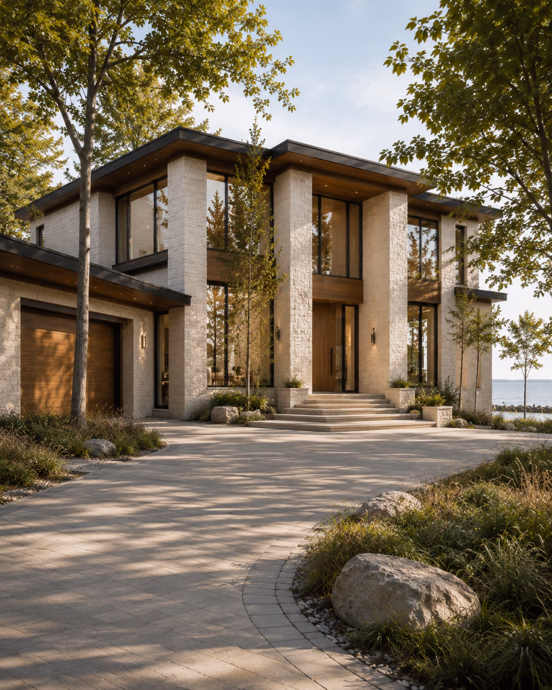Modern lakefront home, front exterior
