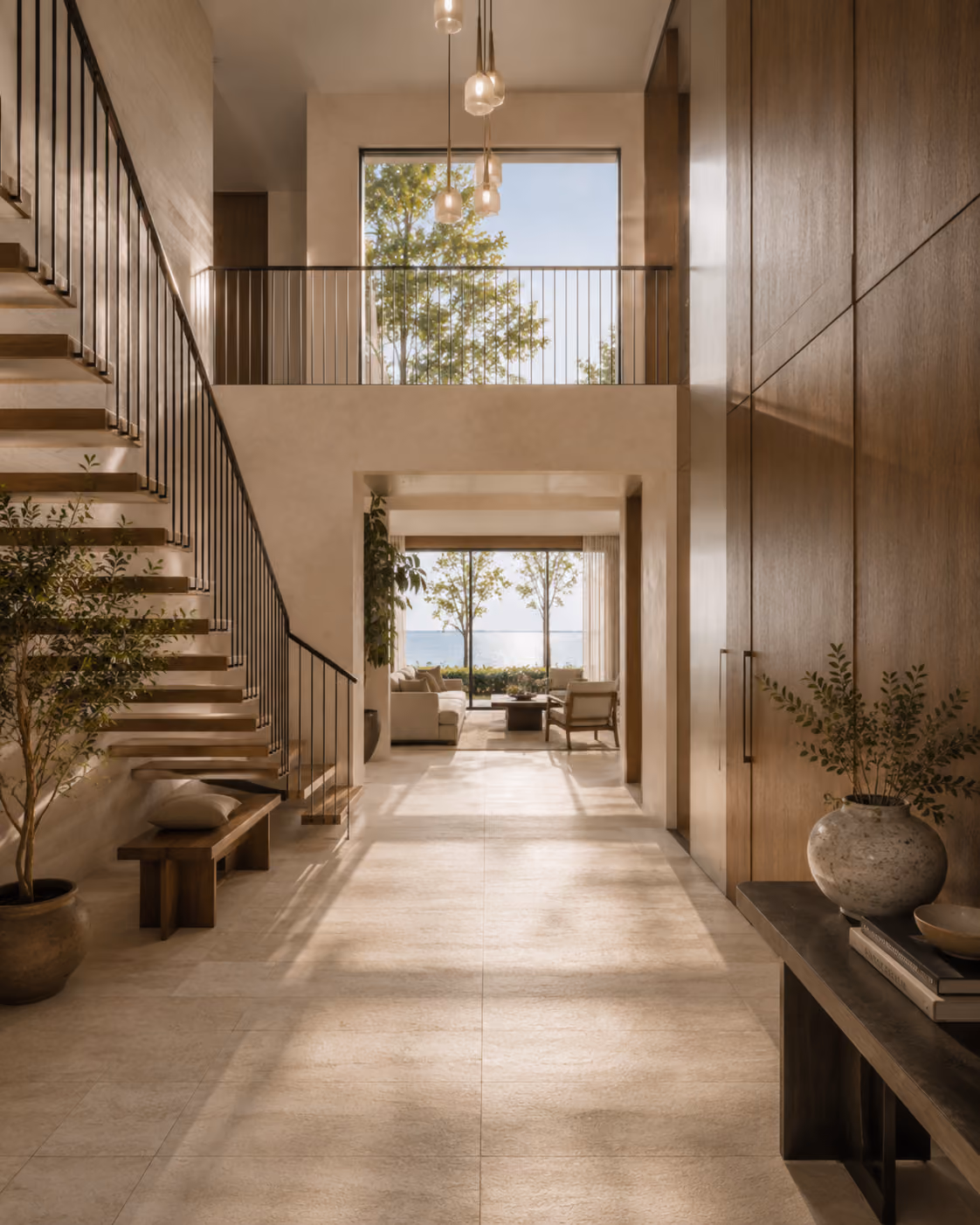 Luxury home entryway with staircase and lake view