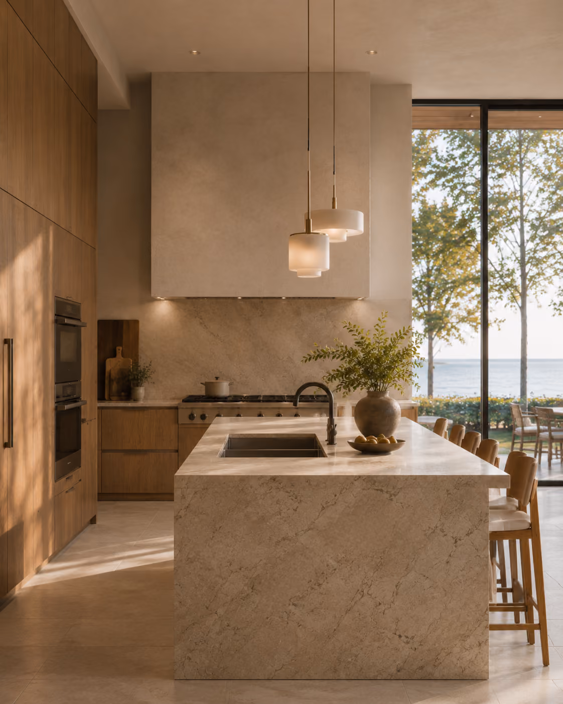 Lakefront kitchen with marble island