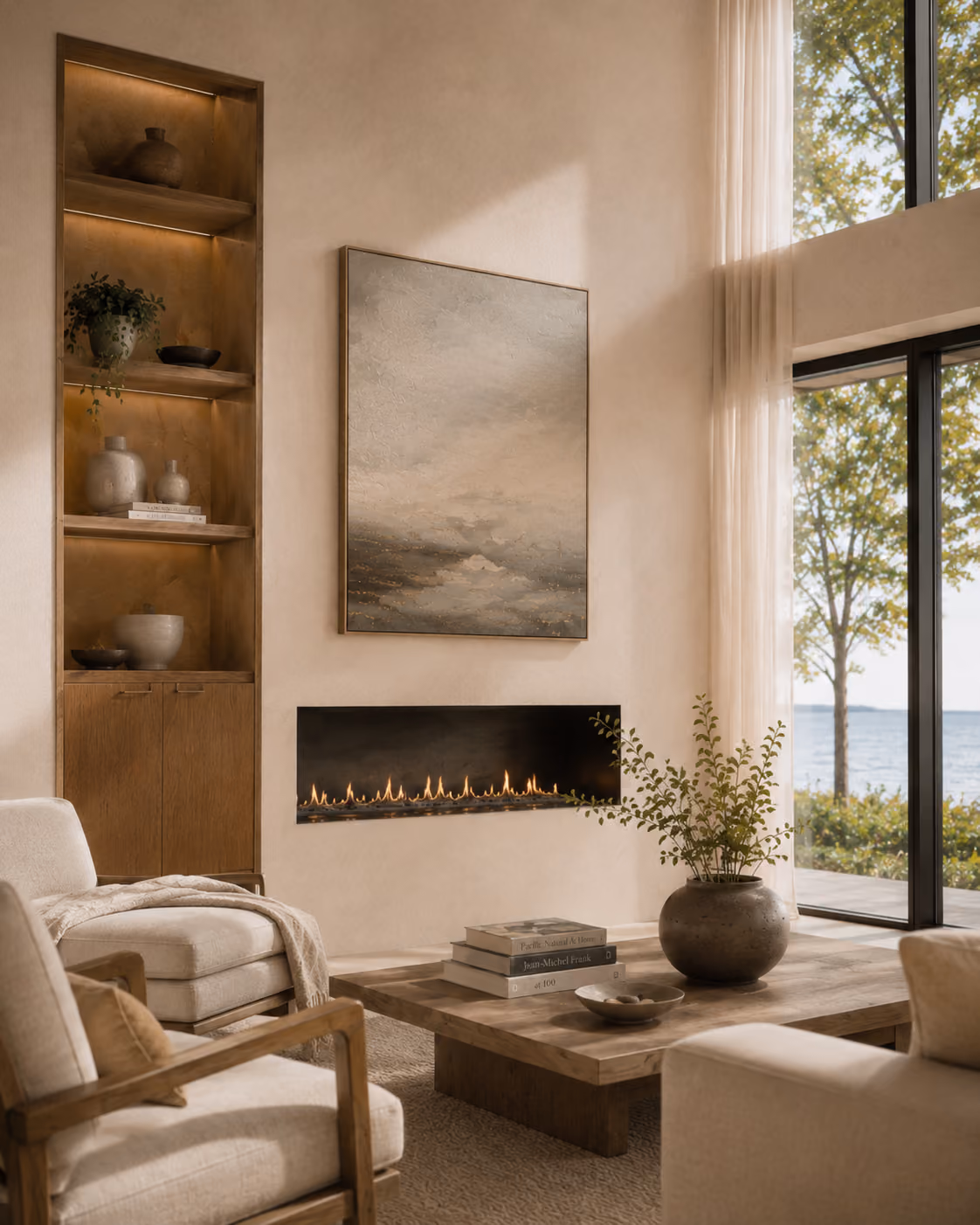 Lakefront living room with fireplace