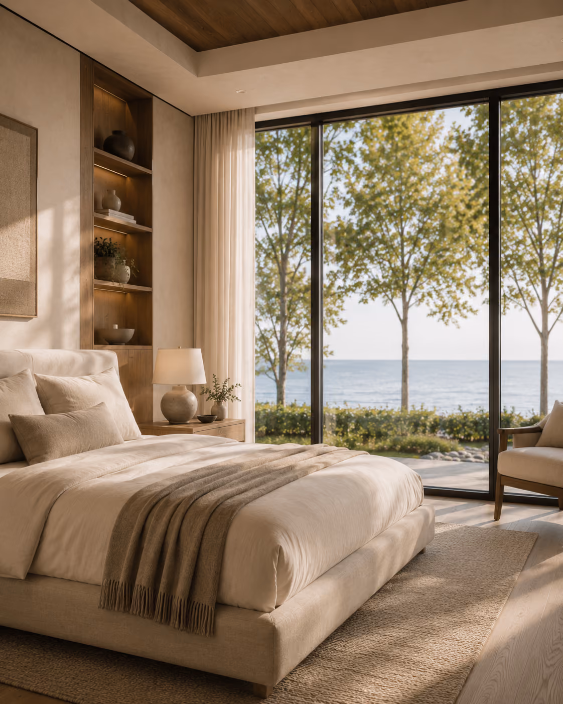 Lakefront primary bedroom with water view