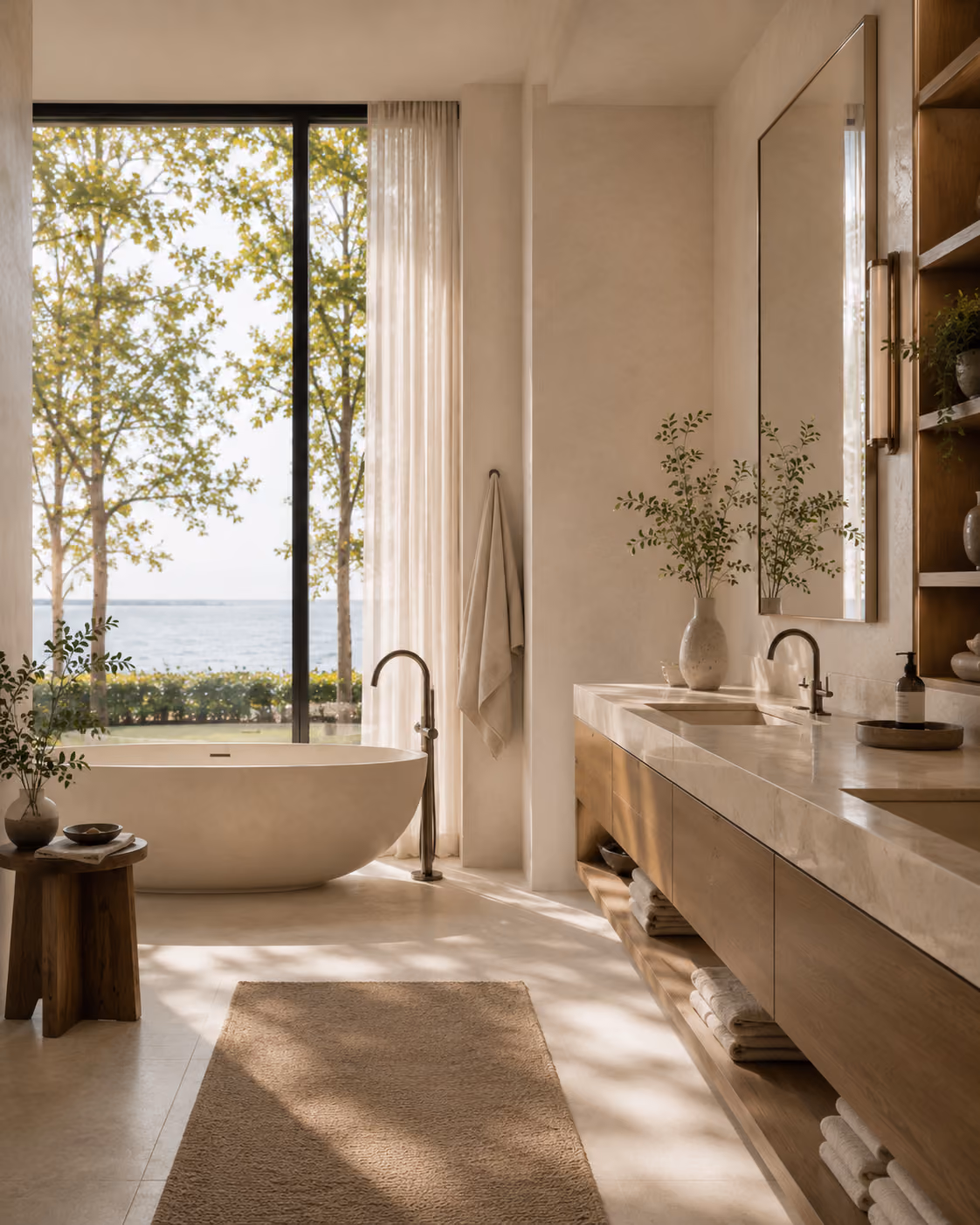 Lakefront spa bathroom with freestanding soaking tub